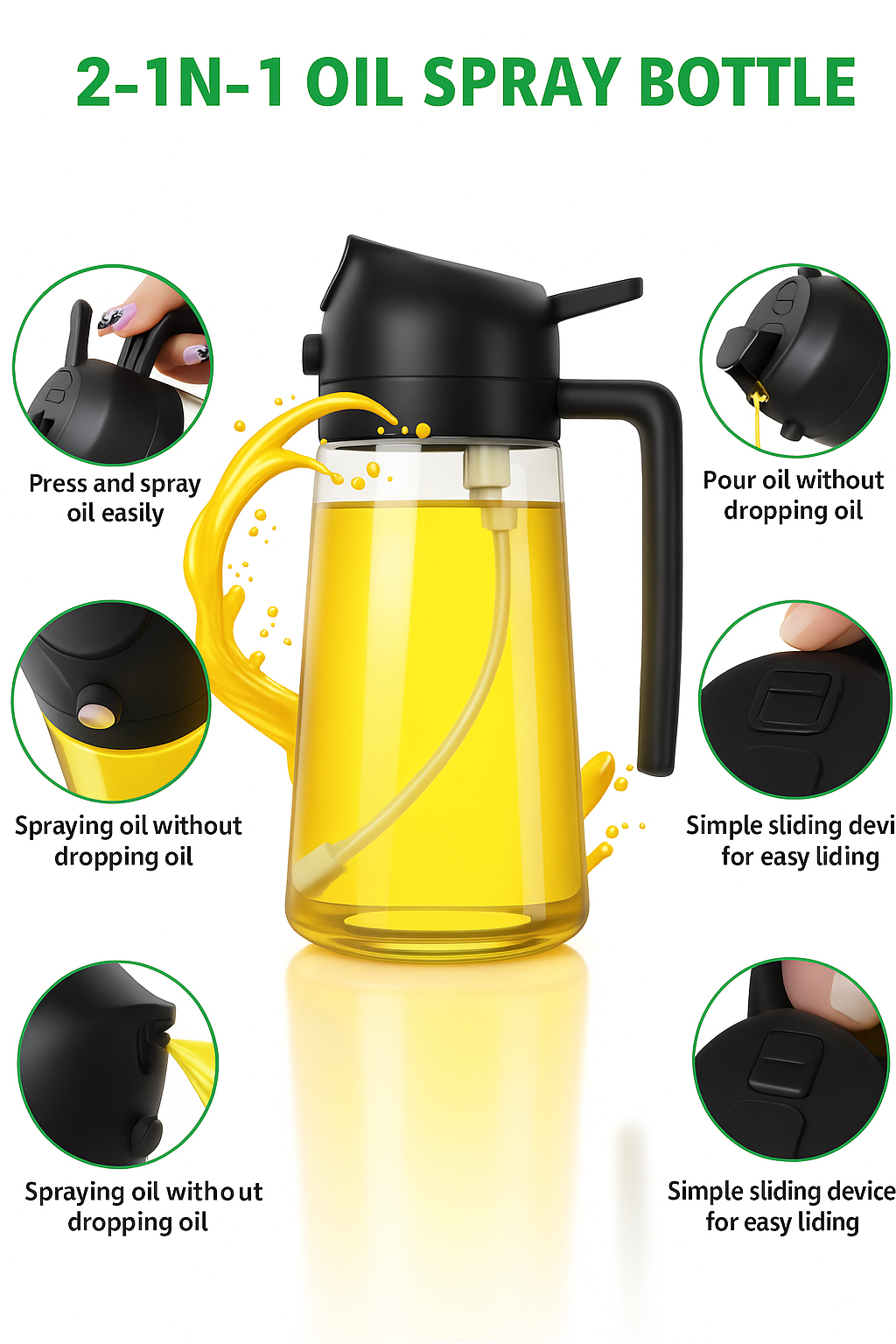 2 in 1 Oil Sprayer and Oil Dispenser Bottle for Kitchen 500ml, Glass Oil Bottle with Premium Nozzle, Oil Sprayer for Air Fryer, Salad,BBQ,Roasting (Multi Color) (Pack of 1)