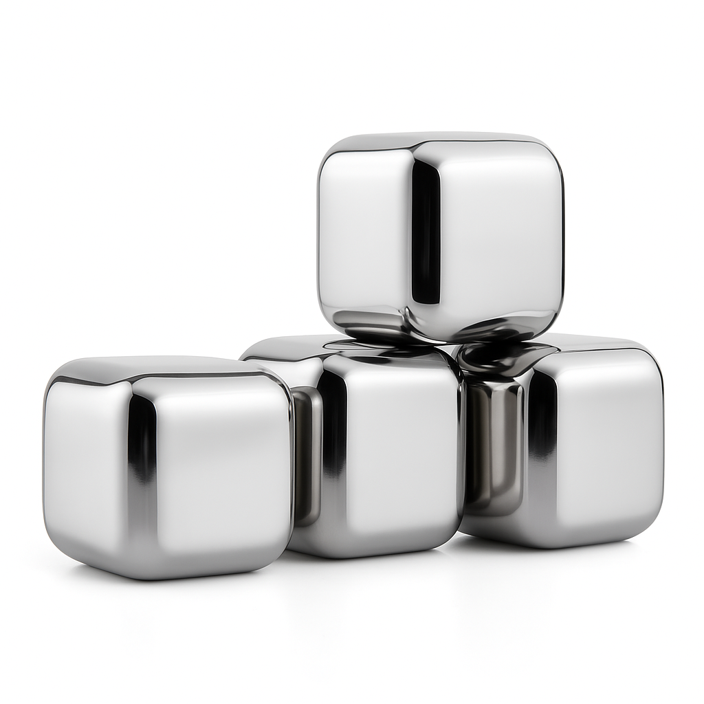 Stainless Steel Stones Set, typically including 8 metal ice cubes, tongs, and a storage tray.