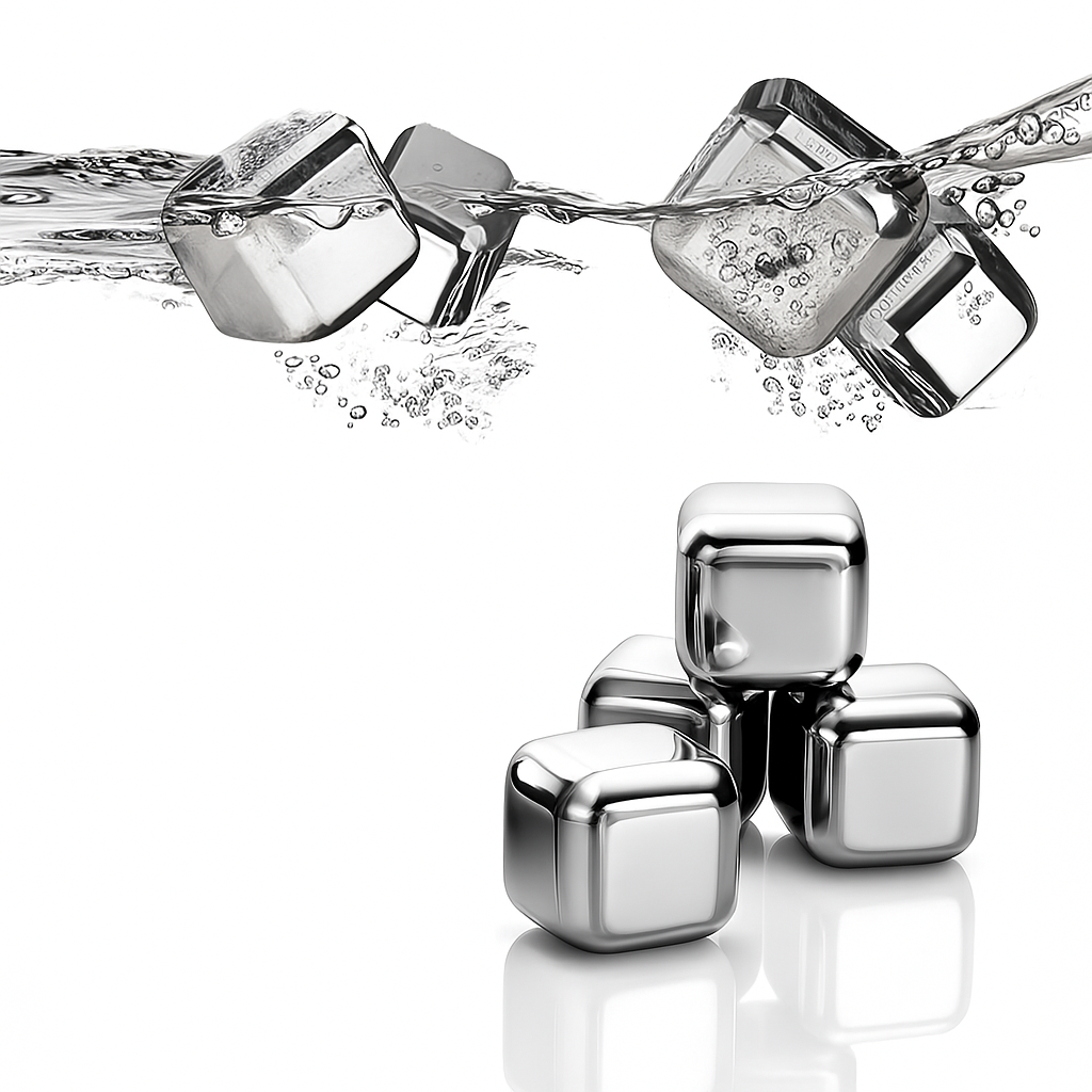 Stainless Steel Stones Set, typically including 8 metal ice cubes, tongs, and a storage tray.