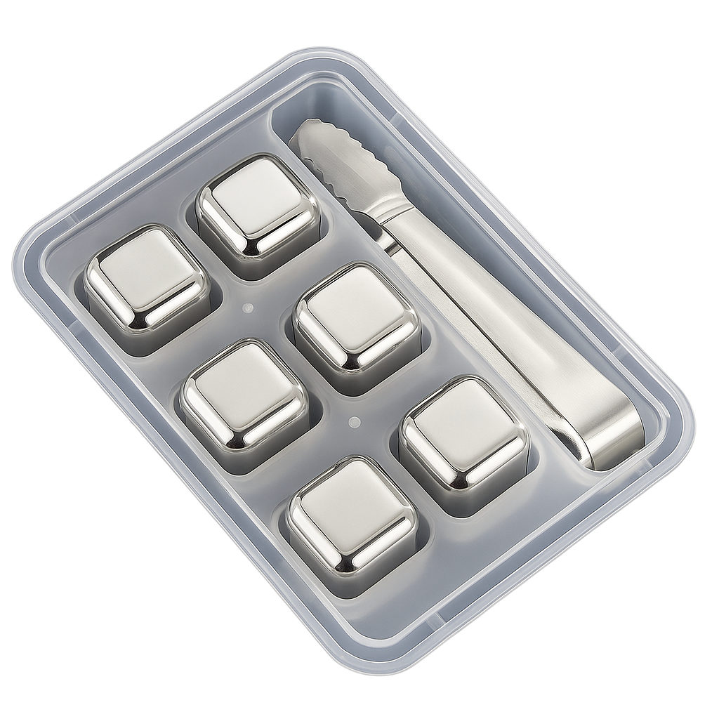 Stainless Steel Stones Set, typically including 8 metal ice cubes, tongs, and a storage tray.