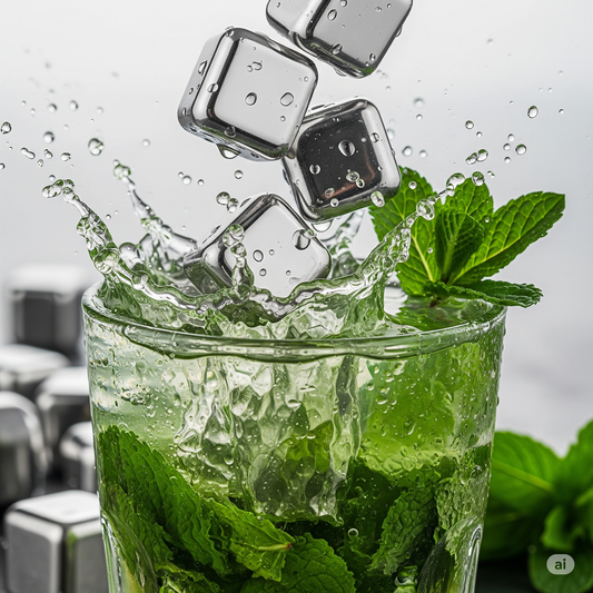 Stainless Steel Stones Set, typically including 8 metal ice cubes, tongs, and a storage tray.