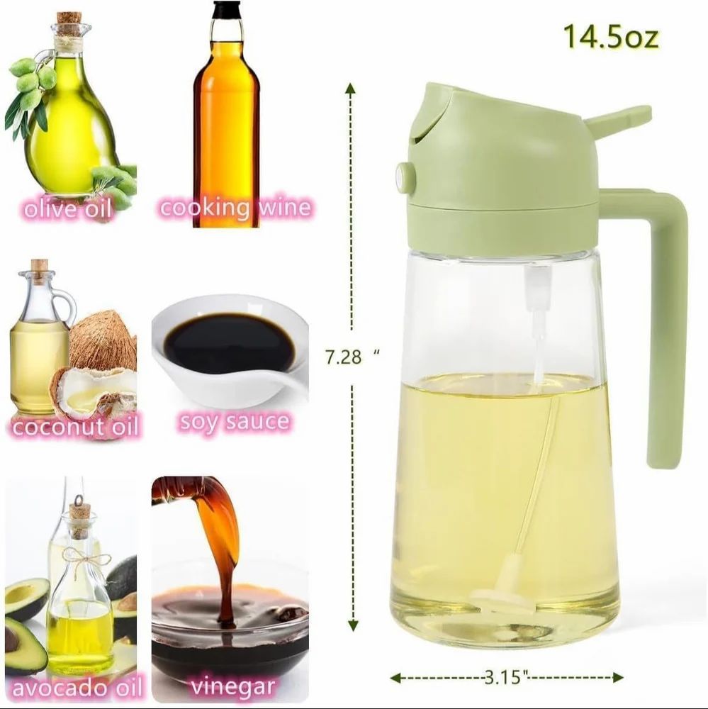 2 in 1 Oil Sprayer and Oil Dispenser Bottle for Kitchen 500ml, Glass Oil Bottle with Premium Nozzle, Oil Sprayer for Air Fryer, Salad,BBQ,Roasting (Multi Color) (Pack of 1)