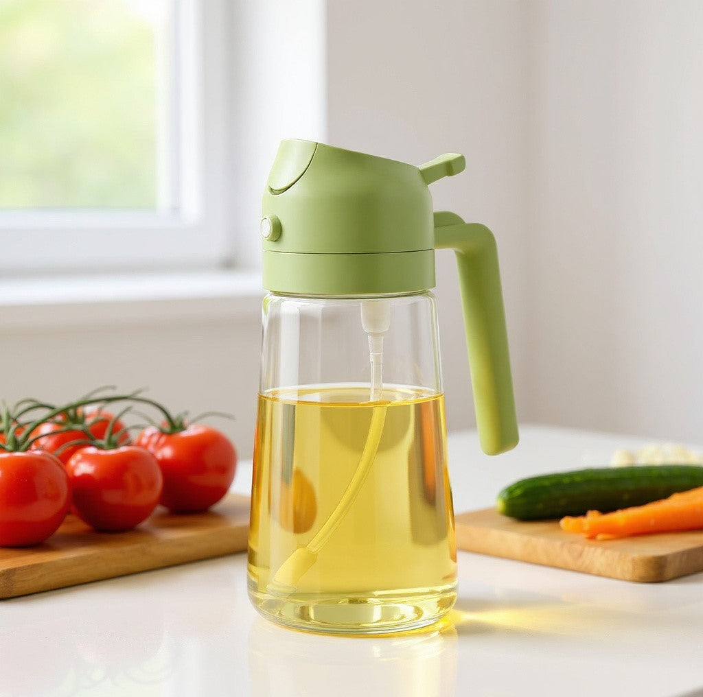 2 in 1 Oil Sprayer and Oil Dispenser Bottle for Kitchen 500ml, Glass Oil Bottle with Premium Nozzle, Oil Sprayer for Air Fryer, Salad,BBQ,Roasting (Multi Color) (Pack of 1)